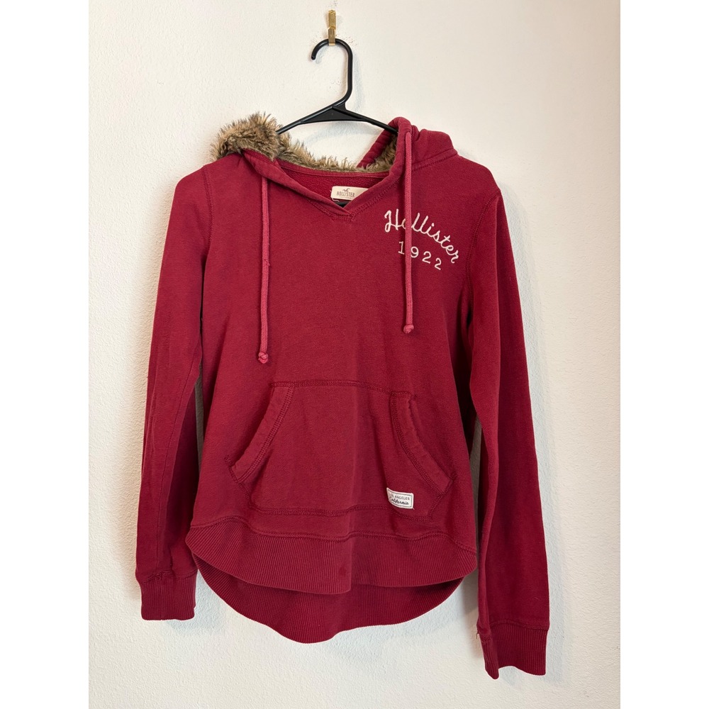 Hollister Hoodie Red Fur Trim V‎ Neck Long Sleeve Kangaroo Pocket Women's Size S